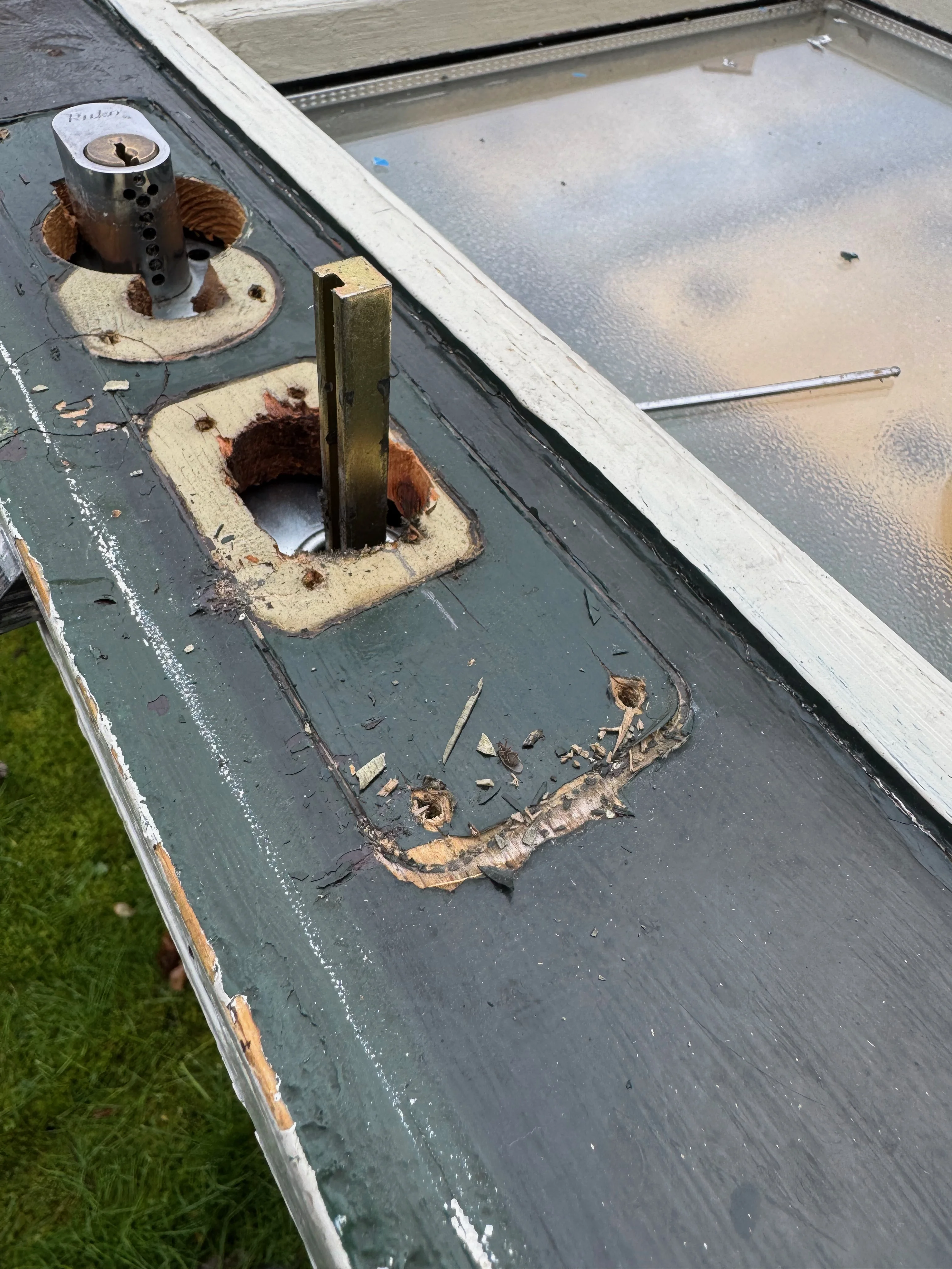 Custom-made wood insert aligned to rebuild the frame base